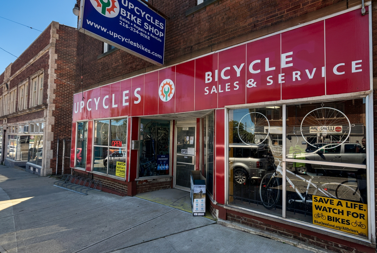 Upcycles Bike Shop storefront at 10001 Lorain Ave, Cleveland